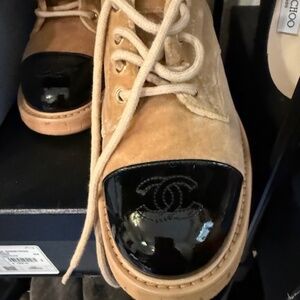 CHANEL velvet lace up boots size 37 1/2